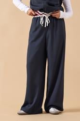 PixieGirl Petite Women's Navy Blue Contrast Waist Trousers | PixieGirl 1