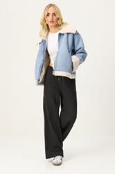 PixieGirl Petite Women's Light Blue Denim Borg Zip Jacket | PixieGirl 1