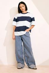 PixieGirl Petite Women's Navy Blue Striped Cotton Boxy T-Shirt | PixieGirl 1