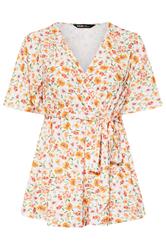 YOURS Curve Orange Floral Print Ribbed Wrap Top