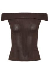 Petite Chocolate Brown Ribbed Bardot Top | PixieGirl  5