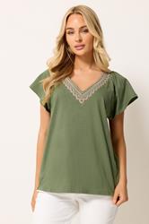 M&Co Khaki Green Embroidered Trim Cotton Cotton T-Shirt | M&Co 3