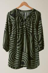 EVANS Curve Khaki Green Abstract Print Tie Neck Blouse