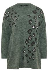 YOURS Curve Green Leopard Print Stud Jumper