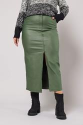YOURS Plus Size Khaki Green Coated Split Hem Midaxi Skirt | Yours Clothing 3