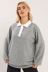 YOURS Plus Size Grey Long Sleeve Rugby Collar Top | Yours Clothing 1
