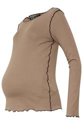 LTS Tall Maternity Natural Brown Contrast Stitch Ribbed Top