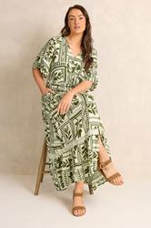 EVANS Plus Size Green Leaf Print Button Through Maxi Dress | Evans 1
