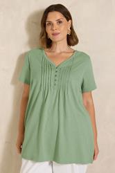 EVANS Plus Size Sage Green Short Sleeve Cotton Henley Top | Evans 3