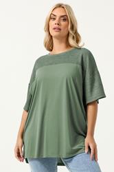 YOURS Plus Size Khaki Green Woven Panel Oversized T-Shirt | Yours Clothing 3