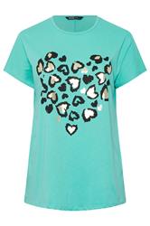 YOURS Curve Green Leopard Heart T-Shirt
