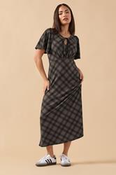 PixieGirl Petite Women's Brown Check Tie Front Midi Dress | PixieGirl 3