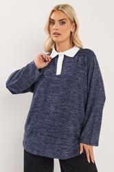 YOURS Plus Size Navy Blue Rugby Collar Soft Touch Top | Yours Clothing 3