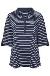 EVANS Curve Navy Blue Stripe Pintuck Henley Top