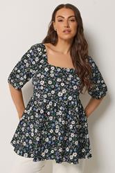 YOURS Plus Size Black Ditsy Floral Peplum Top | Yours Clothing 3