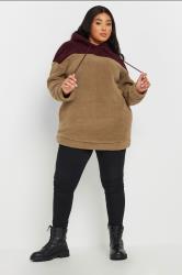 YOURS Plus Size Natural Brown & Burgundy Red Colourblock Teddy Fleece Hoodie | Yours Clothing  1