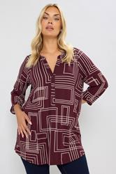 YOURS Plus Size Burgundy Red Abstract Half Placket Shirt | Yours Clothing 3
