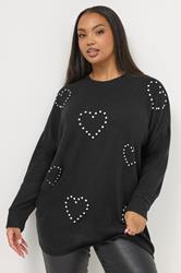 YOURS Plus Size Black Diamante Heart Jumper | Yours Clothing 3