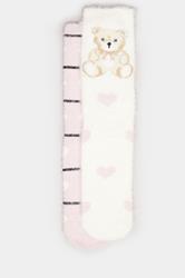 YOURSET 2 PACK Curve White & Pink Teddy Bear Fluffy Bed Socks | Yours Clothing 3