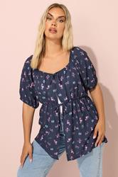 YOURS Plus Size Navy Blue Floral Print Tie Front Top | Yours Clothing 3