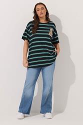 YOURS Plus Size Green Stripe Teddy Print T-Shirt | Yours Clothing 1