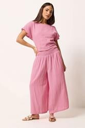 PixieGirl Petite Women's Set Pink Cotton Cheesecloth Top & Cropped Trousers | PixieGirl 1