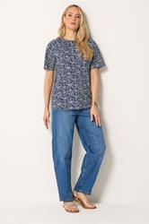 LTS Tall Navy Blue Geometric Placket Blouse | Long Tall Sally 1