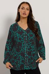 EVANS Plus Size Green Abstract Floral Stud Detail Top | Evans 3