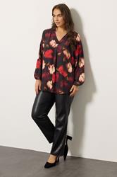 EVANS Plus Size Red Blurred Floral Pleat Front Long Sleeve Blouse | Evans 1