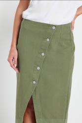 PixieGirl Petite Women's Khaki Green Denim Asymmetric Button Midi Skirt | PixieGirl 5