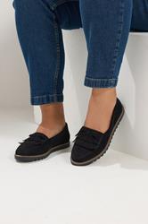 Black Faux Suede Fringe Loafers In Wide E Fit | Yours Clothing 3