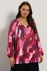 EVANS Plus Size Pink Abstract Print Balloon Sleeve Blouse | Evans 3
