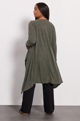 YOURS Plus Size Khaki Green Ribbed Midaxi Waterfall Cardigan | Yours Clothing 2