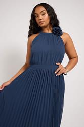 YOURS LONDON Plus Size Navy Blue Corsage Detail Pleated Maxi Dress | Yours Clothing 4