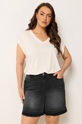 YOURS Plus Size Black Hem Detail Denim Shorts | Yours Clothing 3