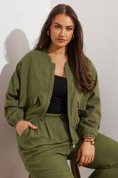 YOURS Plus Size Khaki Green Linen Bomber Jacket | Yours Clothing 1