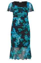 YOURS LONDON Curve Teal Blue Blur Print Gathered Dress