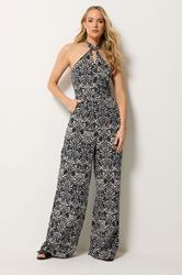 LTS Tall Women's Navy Blue Abstract Halterneck Jumpsuit | Long Tall Sally 1
