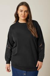 EVANS Plus Size Black Cutwork Crew Neck Sweatshirt | Evans 3
