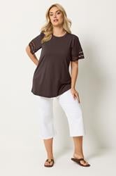 YOURS Plus Size Brown Broderie Anglaise Angel Sleeve T-Shirt | Yours Clothing 1