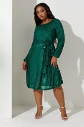 YOURS LONDON Plus Size Green Sequin Skater Midi Dress | Yours Clothing 3