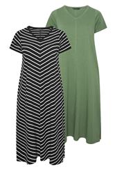 EVANS Plus Size 2 Pack Black & Khaki Green Cotton Dresses | Evans 7
