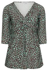 YOURS LONDON Curve Chocolate Brown & Green Polka Dot Knot Front Top