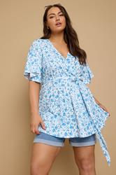 YOURS Plus Size Blue Floral Print Ribbed Wrap Top | Yours Clothing 3