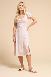 PixieGirl Petite Women's Pink Ditsy Puff Sleeve Midi Dress | PixieGirl 3