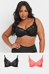 YOURSET 2 PACK Plus Size Black & Pink Lace Underwired Bras | Yours Clothing 1