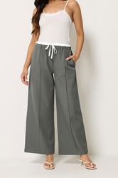 PixieGirl Petite Women's Grey Contrast Waist Wide Leg Trousers | PixieGirl 1