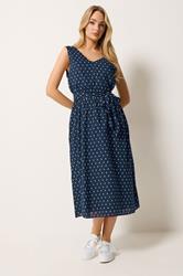 M&Co Navy Blue Dobby Tie Waist Cotton Midi Dress | M&Co 1