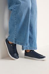 Navy Blue Faux Leather Lace Up Trainers In Extra Wide EEE Fit | Yours Clothing 3