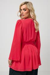 YOURS LONDON Plus Size Red Pleat Sleeve Wrap Top | Yours Clothing 2